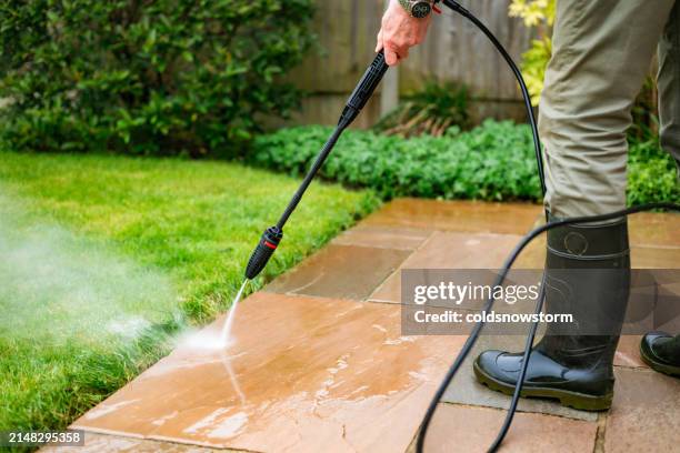 Professional patio cleaning in progress